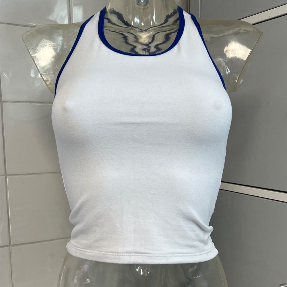 Varsity X-Back Tank Top S White/Royal EUC **HEM**